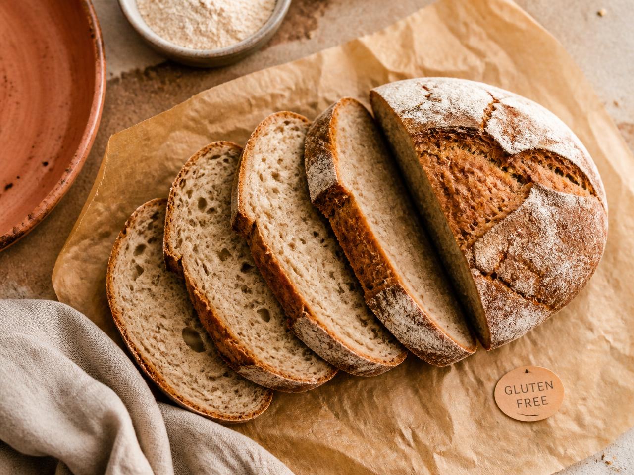 Sliced rustic gluten-free bread loaf on parchment paper